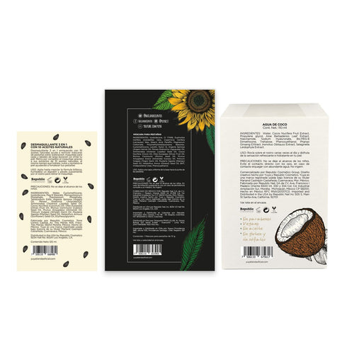 Yuya - Agua de Coco hidratante enriquecido con aloe vera y ginseng, 110 ml + Máscara 10 aceites naturales + Desmaquillante REPUBLIC COSMETICS